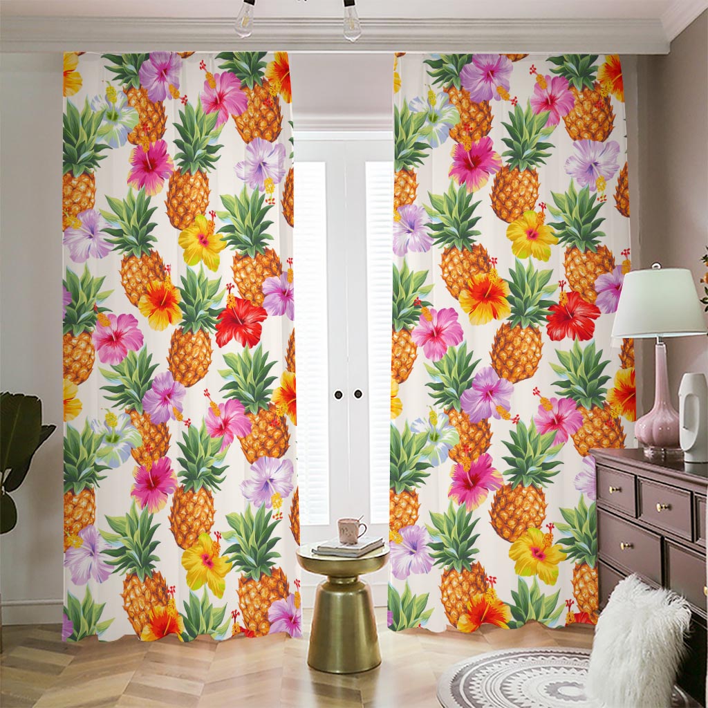 Hawaii Hibiscus Pineapple Pattern Print Blackout Pencil Pleat Curtains