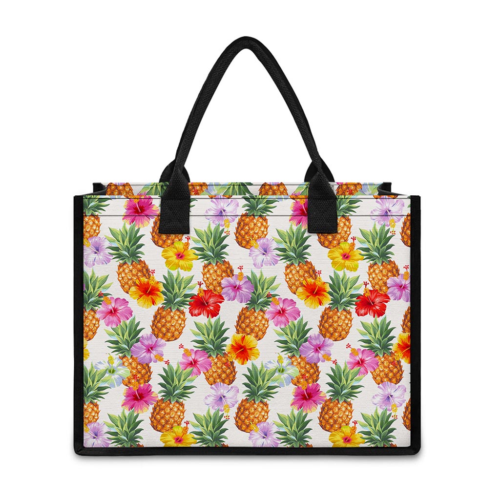 Hawaii Hibiscus Pineapple Pattern Print Canvas Tote Bag