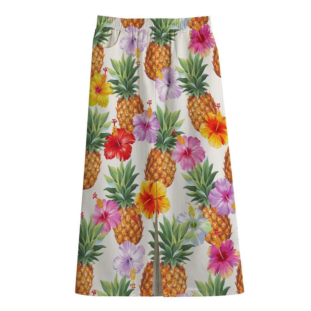 Hawaii Hibiscus Pineapple Pattern Print Cotton Front Slit Maxi Skirt