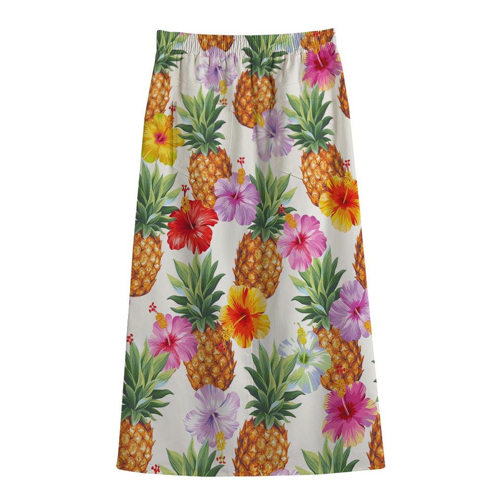 Hawaii Hibiscus Pineapple Pattern Print Cotton Front Slit Maxi Skirt