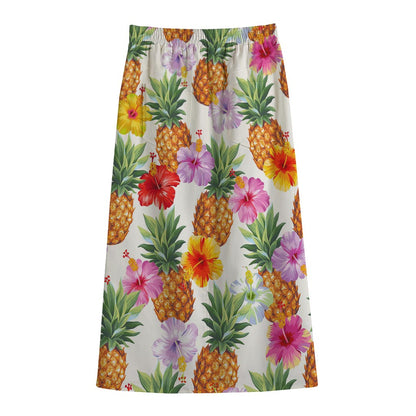 Hawaii Hibiscus Pineapple Pattern Print Cotton Front Slit Maxi Skirt