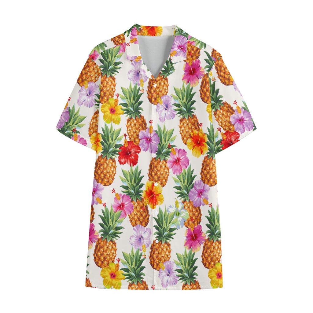 Hawaii Hibiscus Pineapple Pattern Print Cotton Hawaiian Shirt