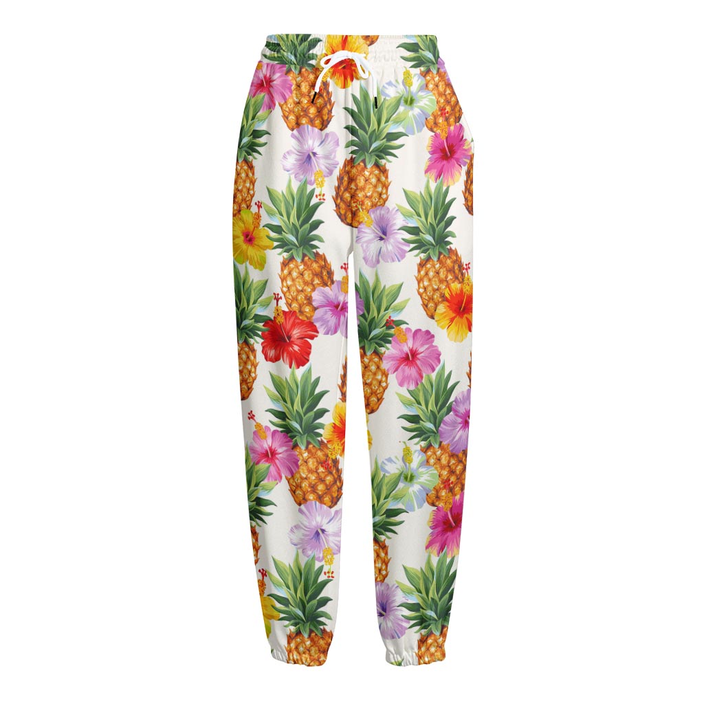 Hawaii Hibiscus Pineapple Pattern Print Fleece Lined Knit Pants