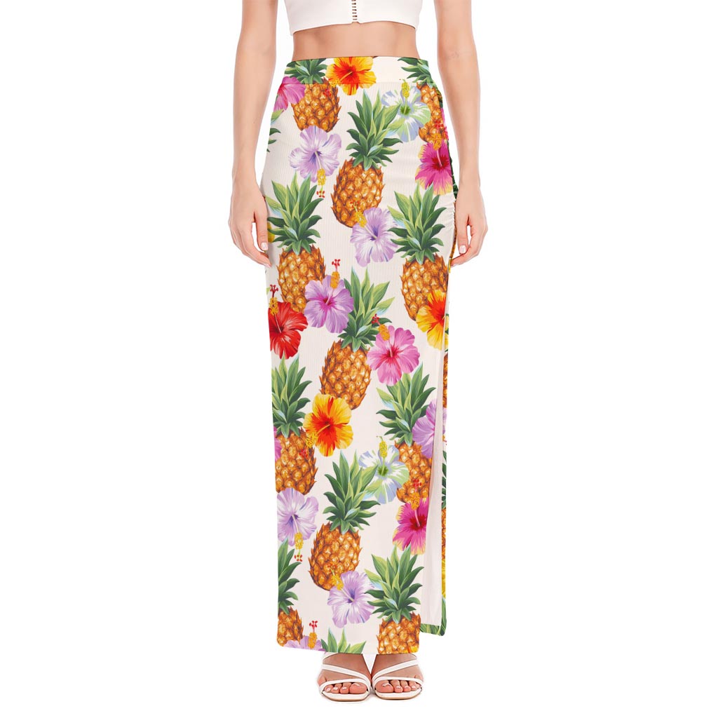 Hawaii Hibiscus Pineapple Pattern Print High Slit Maxi Skirt