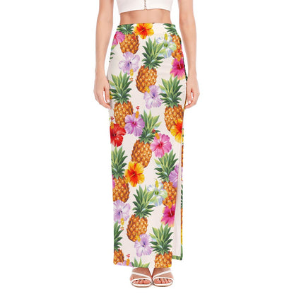 Hawaii Hibiscus Pineapple Pattern Print High Slit Maxi Skirt