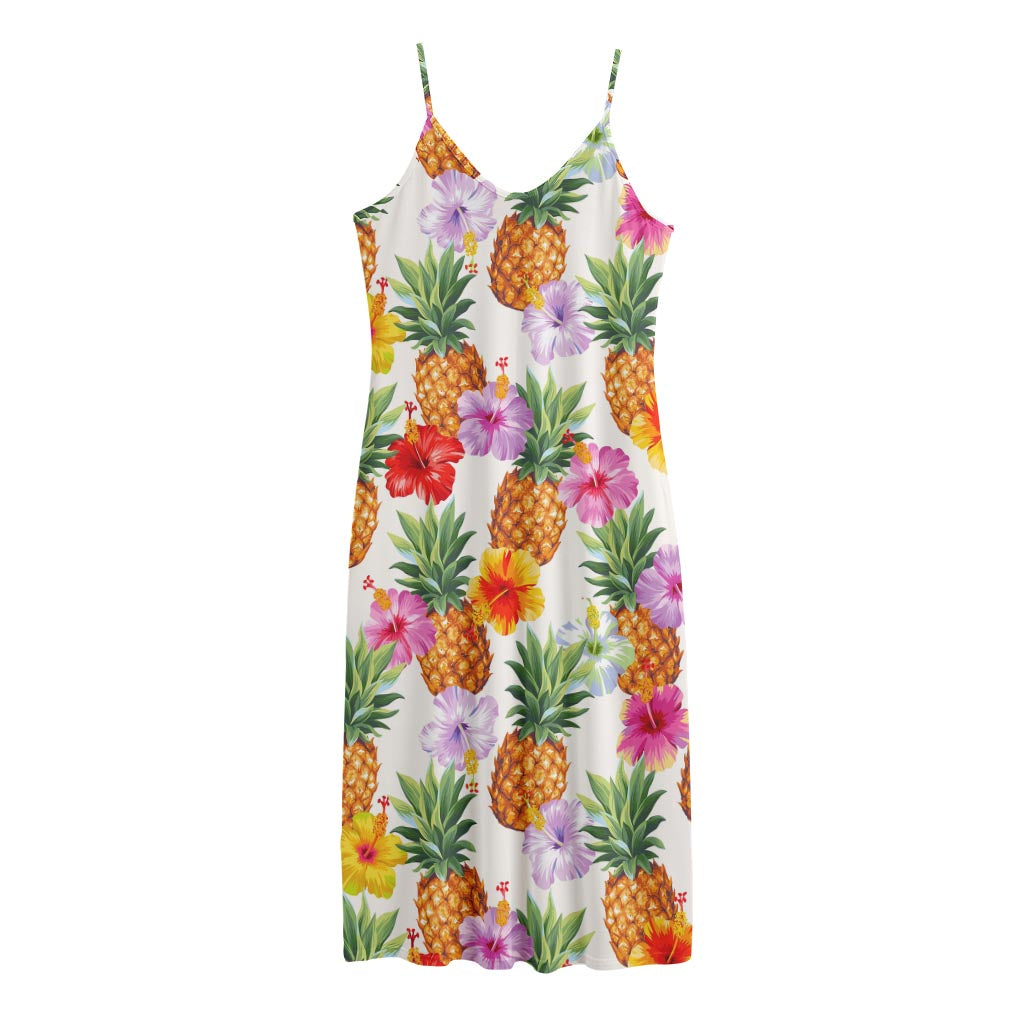 Hawaii Hibiscus Pineapple Pattern Print Jersey Midi Cami Dress