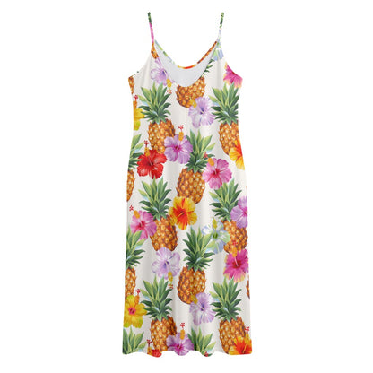 Hawaii Hibiscus Pineapple Pattern Print Jersey Midi Cami Dress