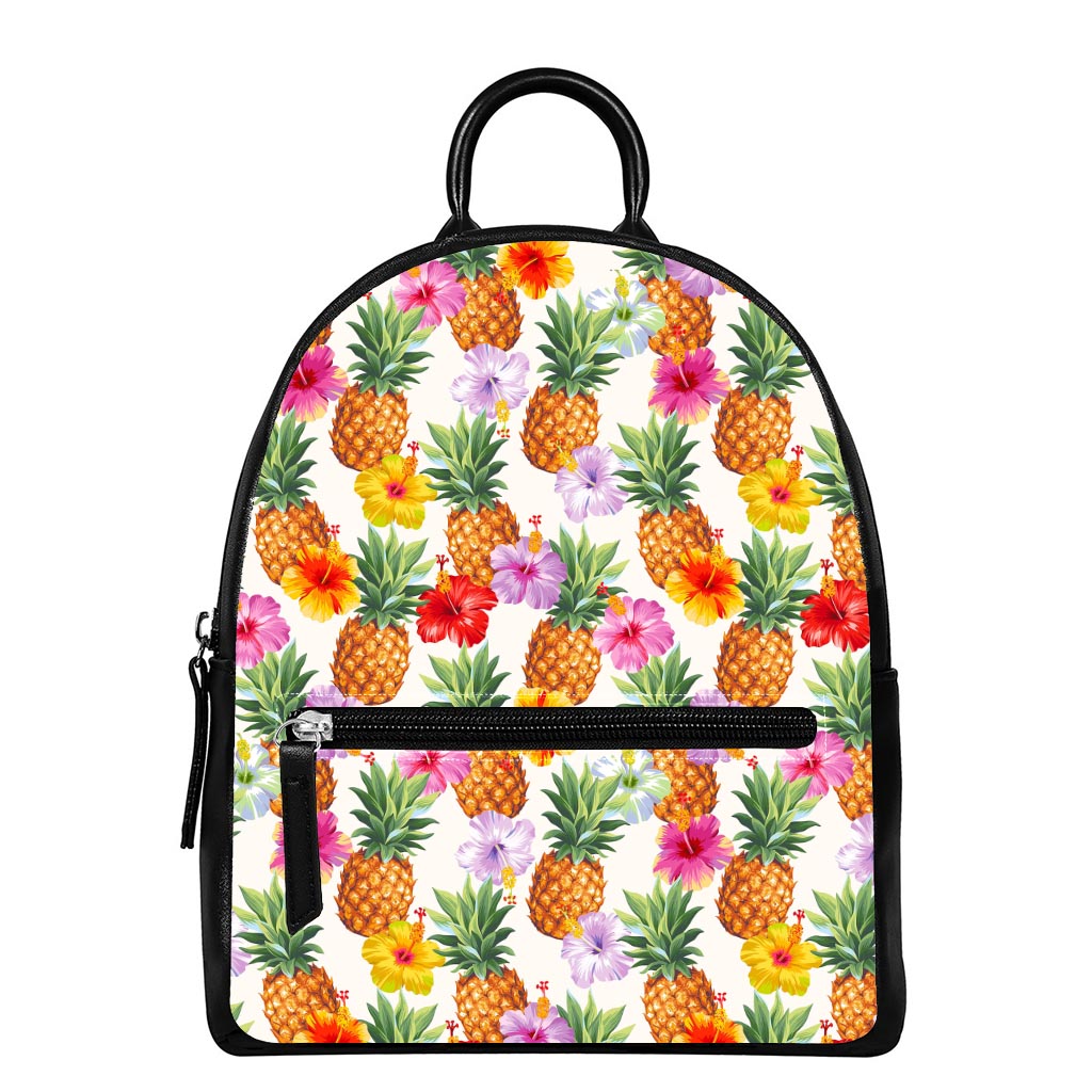 Hawaii Hibiscus Pineapple Pattern Print Leather Backpack