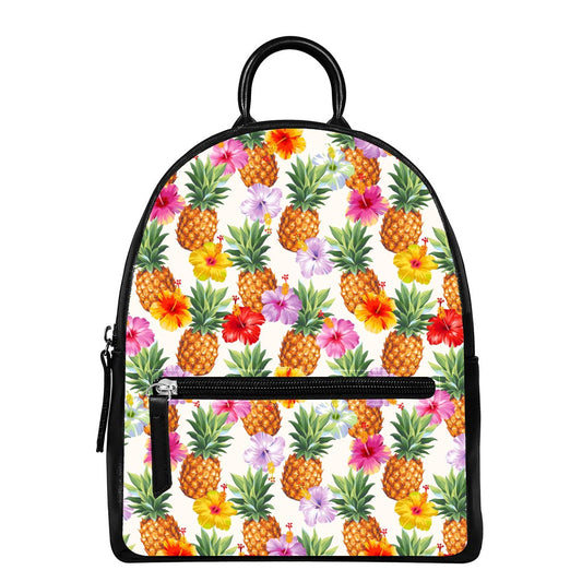 Hawaii Hibiscus Pineapple Pattern Print Leather Backpack