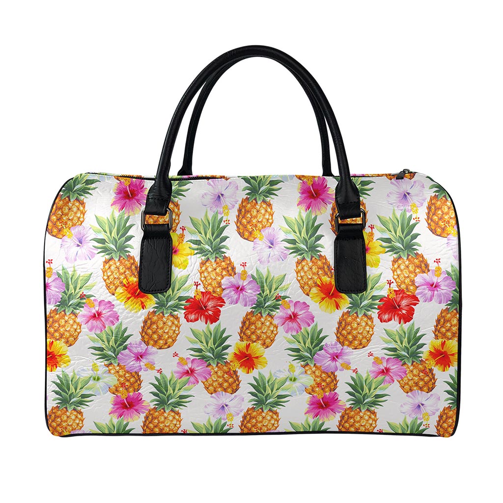 Hawaii Hibiscus Pineapple Pattern Print Leather Duffle Bag