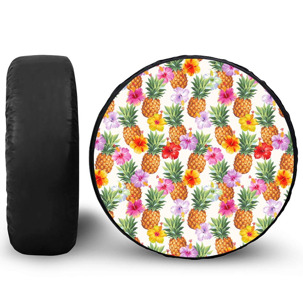 Hawaii Hibiscus Pineapple Pattern Print Leather Spare Tire Cover