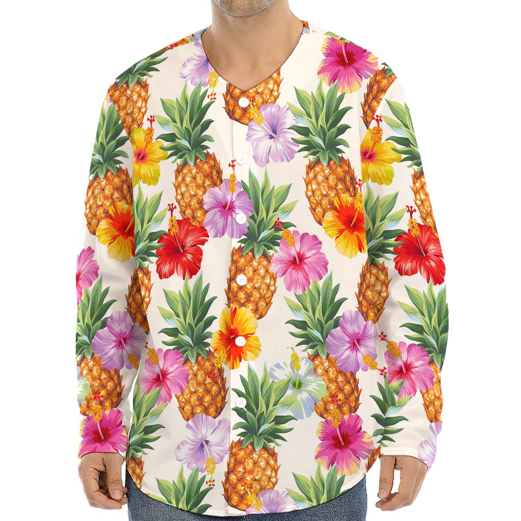 Hawaii Hibiscus Pineapple Pattern Print Long Sleeve Baseball Jersey