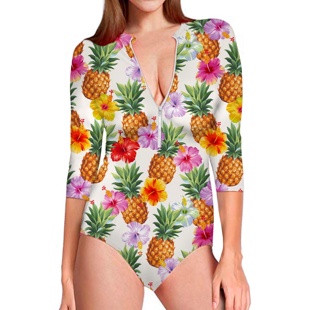Hawaii Hibiscus Pineapple Pattern Print Long Sleeve Swimsuit