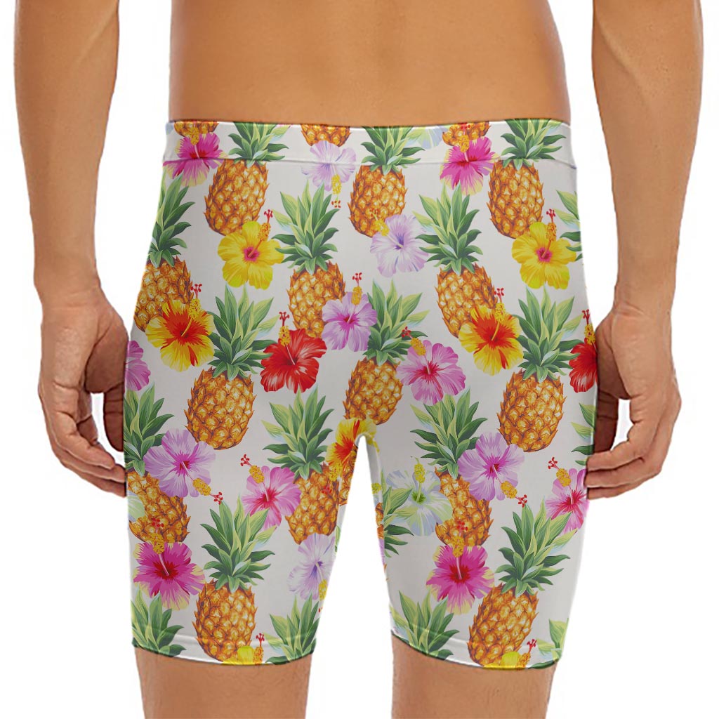 Hawaii Hibiscus Pineapple Pattern Print Men's Long Boxer Briefs
