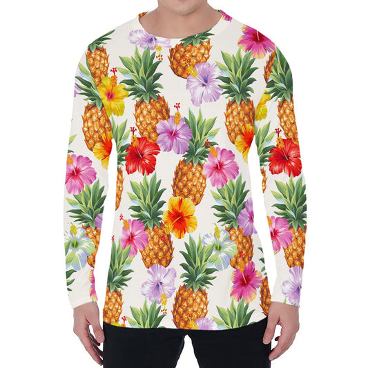 Hawaii Hibiscus Pineapple Pattern Print Men's Long Sleeve T-Shirt