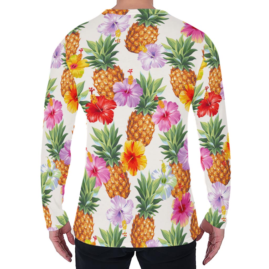Hawaii Hibiscus Pineapple Pattern Print Men's Long Sleeve T-Shirt