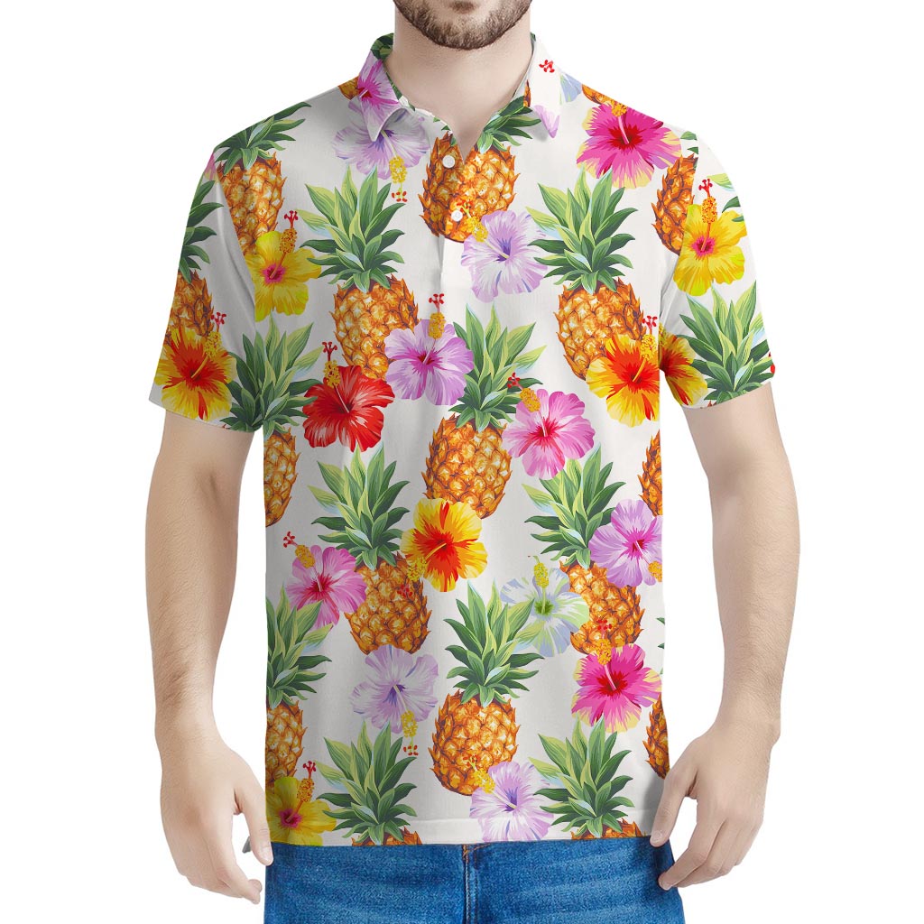 Hawaii Hibiscus Pineapple Pattern Print Men's Polo Shirt