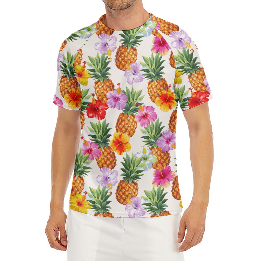 Hawaii Hibiscus Pineapple Pattern Print Men's Short Sleeve Rash Guard