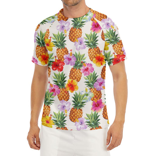 Hawaii Hibiscus Pineapple Pattern Print Men's Short Sleeve Rash Guard