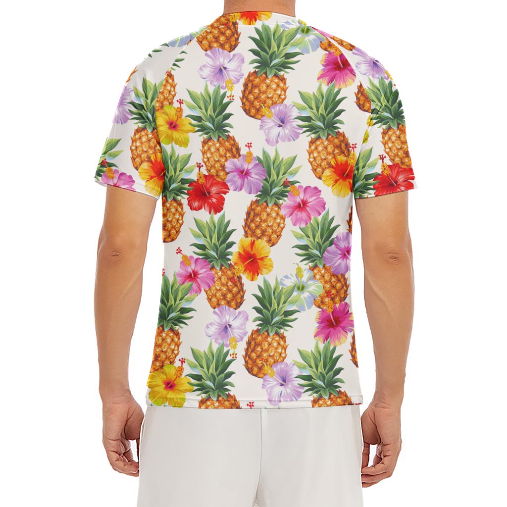 Hawaii Hibiscus Pineapple Pattern Print Men's Short Sleeve Rash Guard