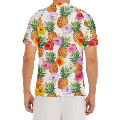 Hawaii Hibiscus Pineapple Pattern Print Men's Short Sleeve Rash Guard