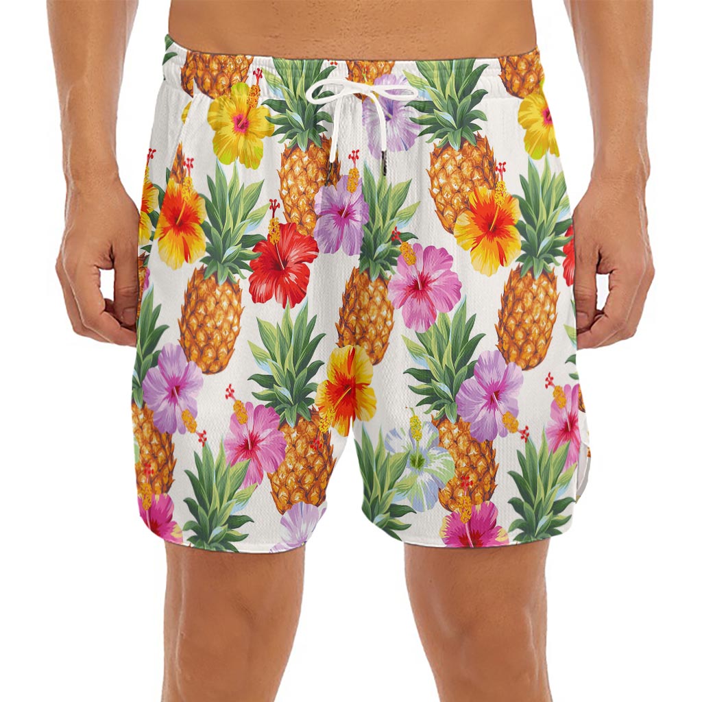 Hawaii Hibiscus Pineapple Pattern Print Men's Split Running Shorts