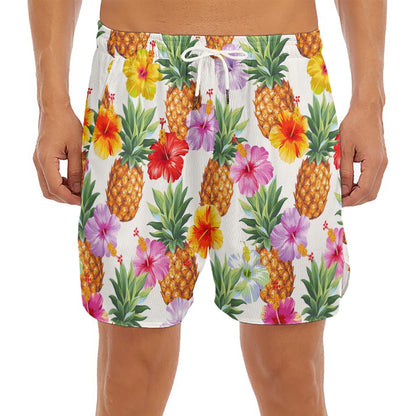 Hawaii Hibiscus Pineapple Pattern Print Men's Split Running Shorts