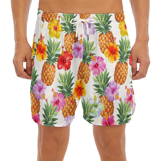 Hawaii Hibiscus Pineapple Pattern Print Men's Split Running Shorts