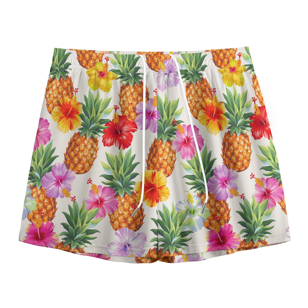 Hawaii Hibiscus Pineapple Pattern Print Mesh Shorts