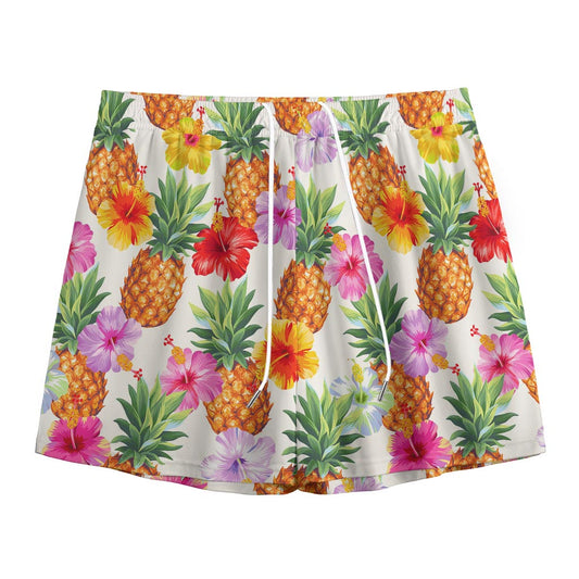 Hawaii Hibiscus Pineapple Pattern Print Mesh Shorts