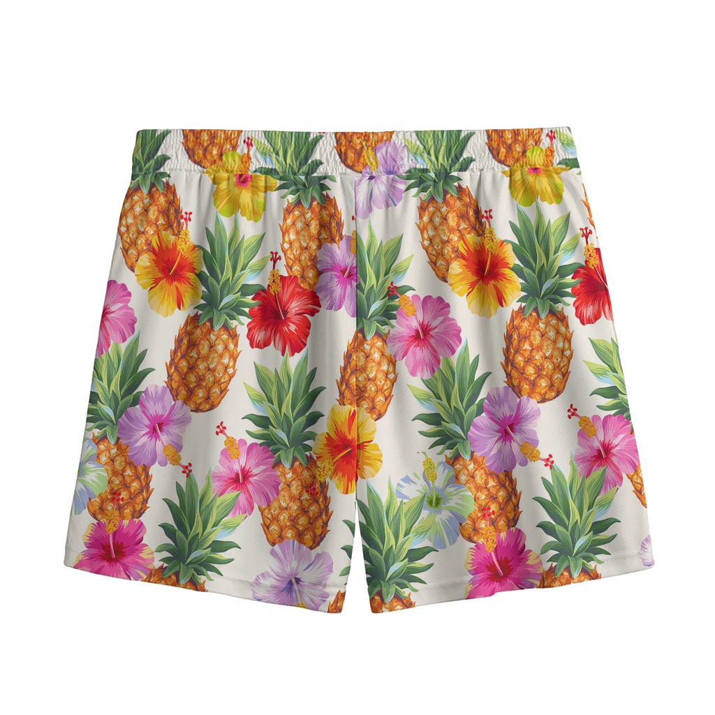 Hawaii Hibiscus Pineapple Pattern Print Mesh Shorts