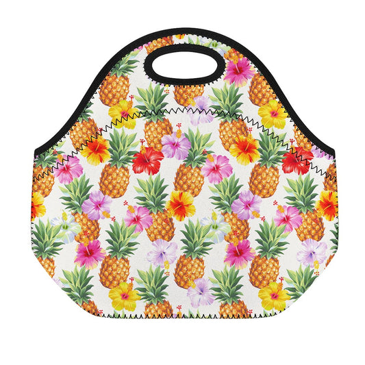 Hawaii Hibiscus Pineapple Pattern Print Neoprene Lunch Bag