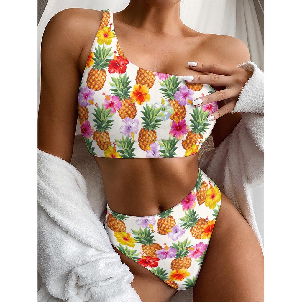 Hawaii Hibiscus Pineapple Pattern Print One Shoulder Bikini Top