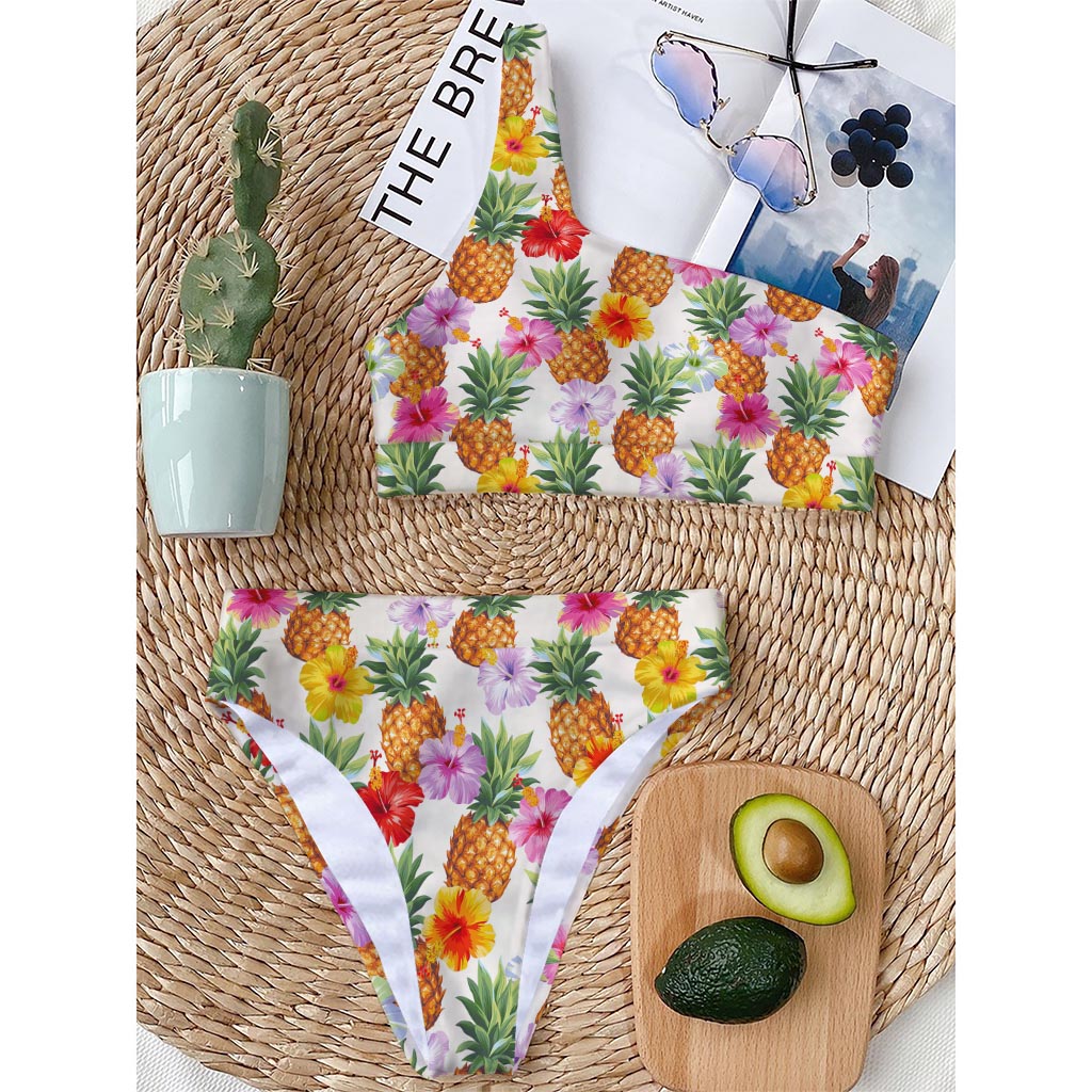 Hawaii Hibiscus Pineapple Pattern Print One Shoulder Bikini Top