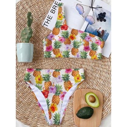 Hawaii Hibiscus Pineapple Pattern Print One Shoulder Bikini Top