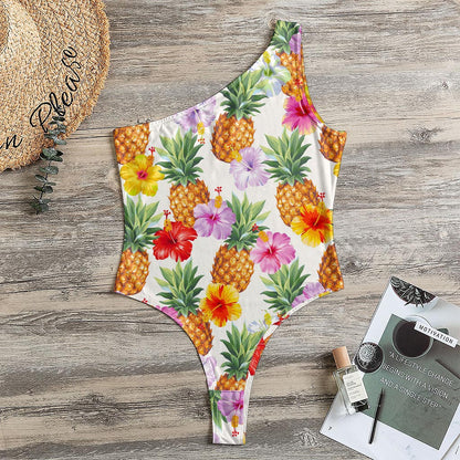 Hawaii Hibiscus Pineapple Pattern Print One Shoulder Bodysuit