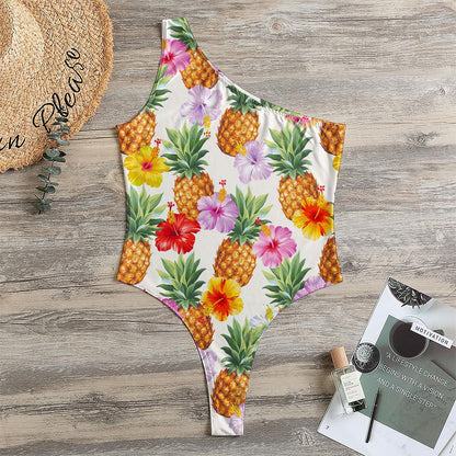 Hawaii Hibiscus Pineapple Pattern Print One Shoulder Bodysuit