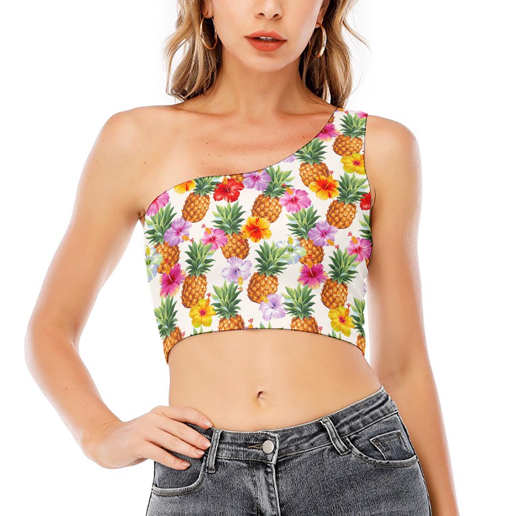 Hawaii Hibiscus Pineapple Pattern Print One Shoulder Crop Top