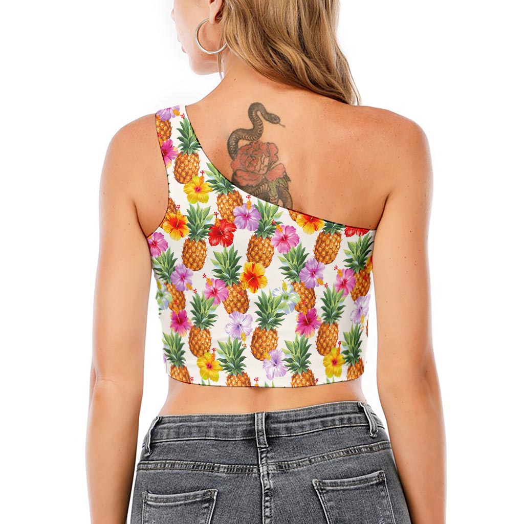 Hawaii Hibiscus Pineapple Pattern Print One Shoulder Crop Top
