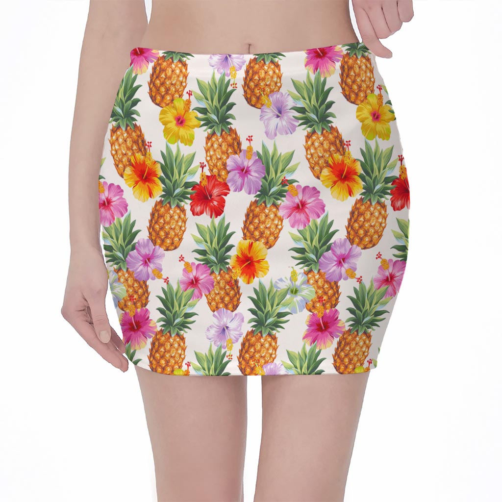 Hawaii Hibiscus Pineapple Pattern Print Pencil Mini Skirt
