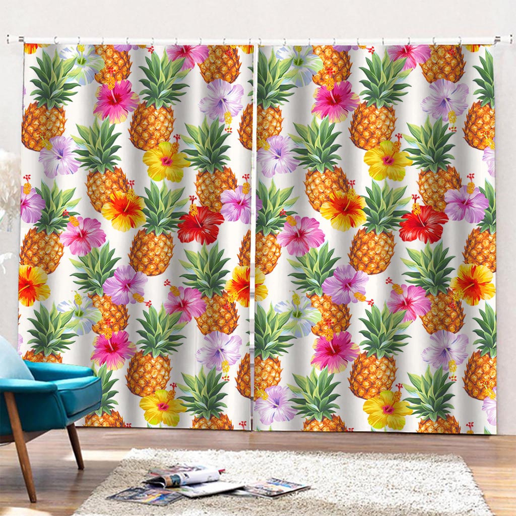 Hawaii Hibiscus Pineapple Pattern Print Pencil Pleat Curtains