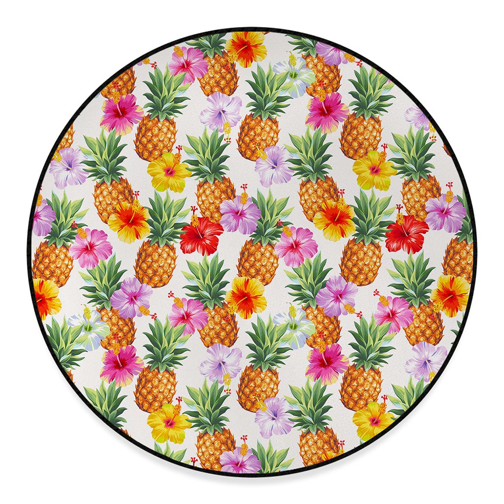Hawaii Hibiscus Pineapple Pattern Print Round Floor Mat