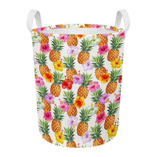 Hawaii Hibiscus Pineapple Pattern Print Round Laundry Basket