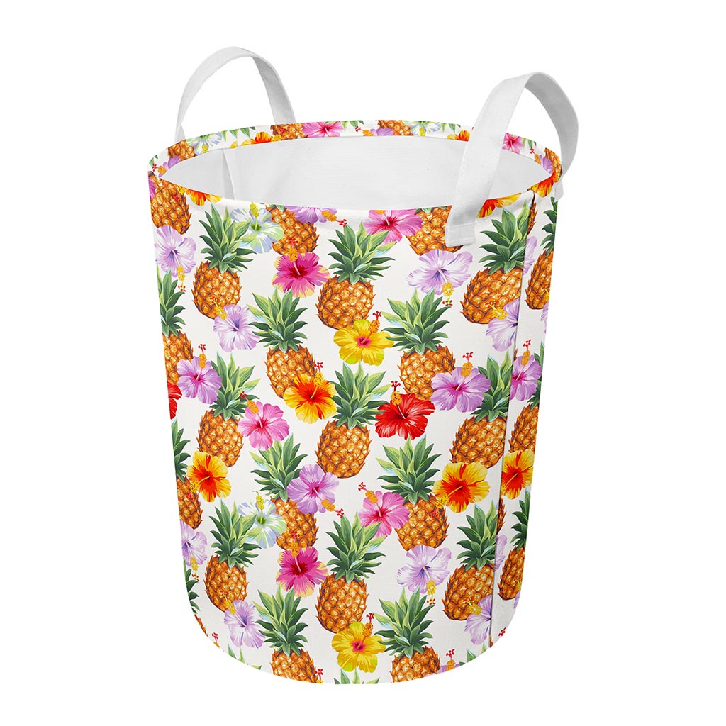 Hawaii Hibiscus Pineapple Pattern Print Round Laundry Basket