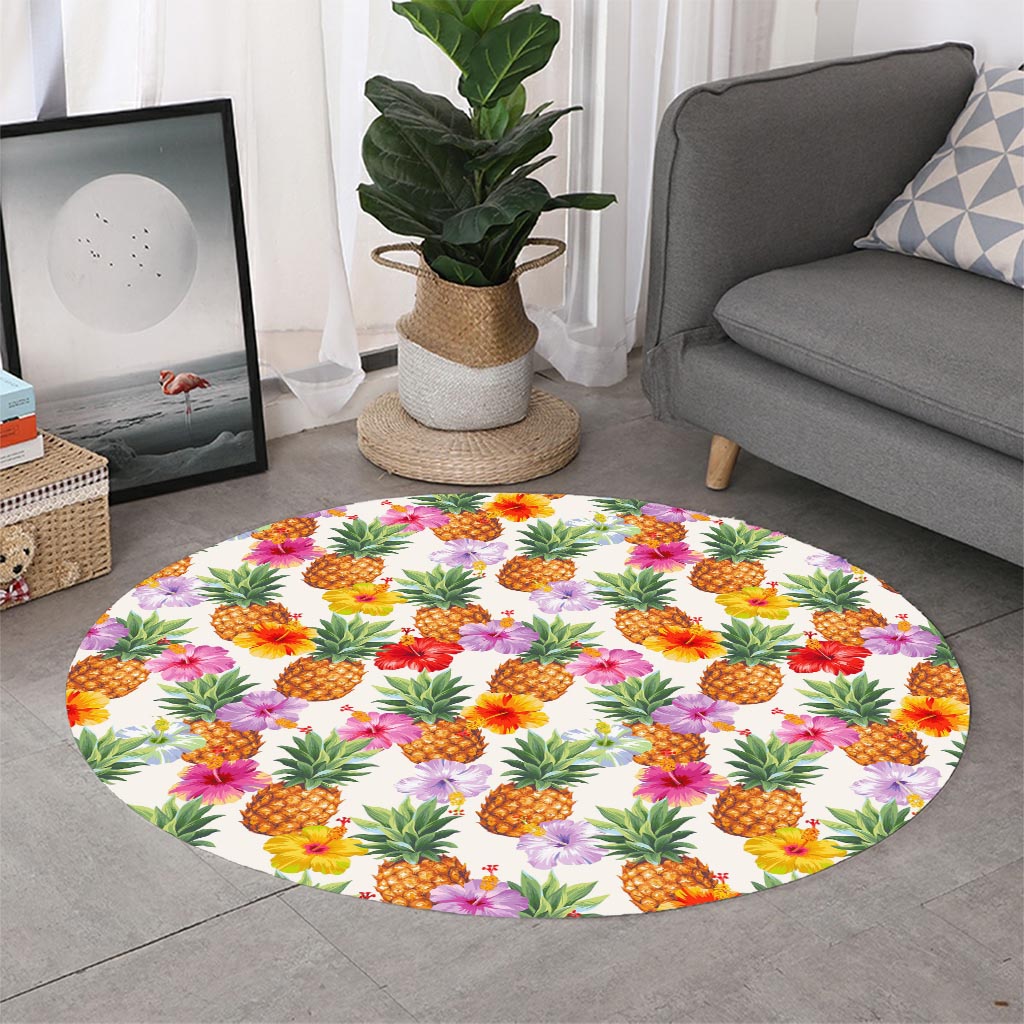 Hawaii Hibiscus Pineapple Pattern Print Round Rug