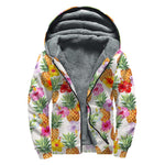 Hawaii Hibiscus Pineapple Pattern Print Sherpa Lined Zip Up Hoodie