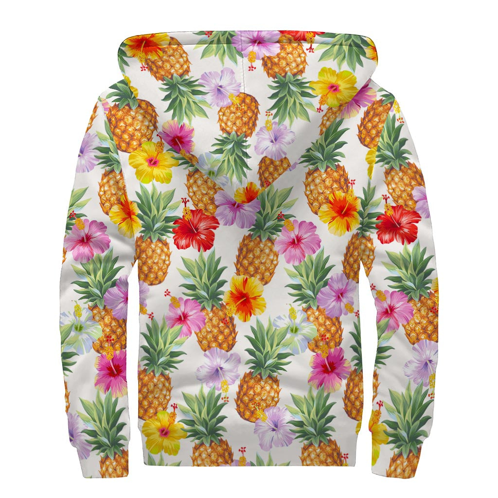 Hawaii Hibiscus Pineapple Pattern Print Sherpa Lined Zip Up Hoodie