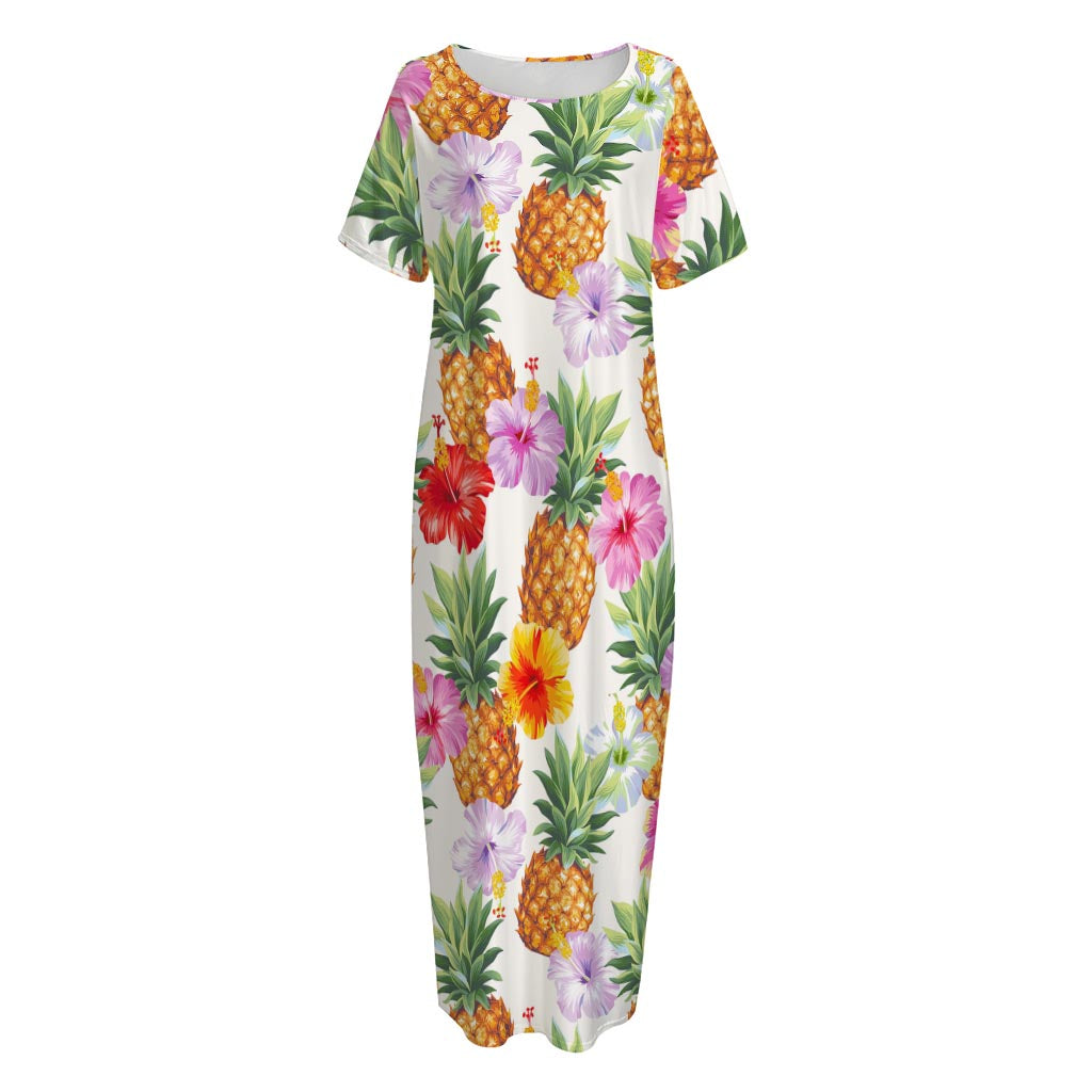 Hawaii Hibiscus Pineapple Pattern Print Short Sleeve Long Nightdress