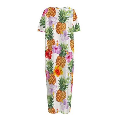 Hawaii Hibiscus Pineapple Pattern Print Short Sleeve Long Nightdress
