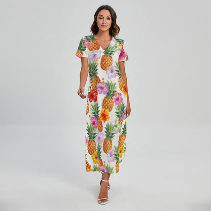 Hawaii Hibiscus Pineapple Pattern Print Short Sleeve Maxi Dress